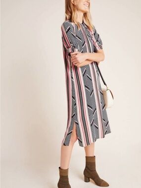 Anthropologie McKenzie Mock Neck Tunic Dress Geometric Stripe Midi Black Pink S